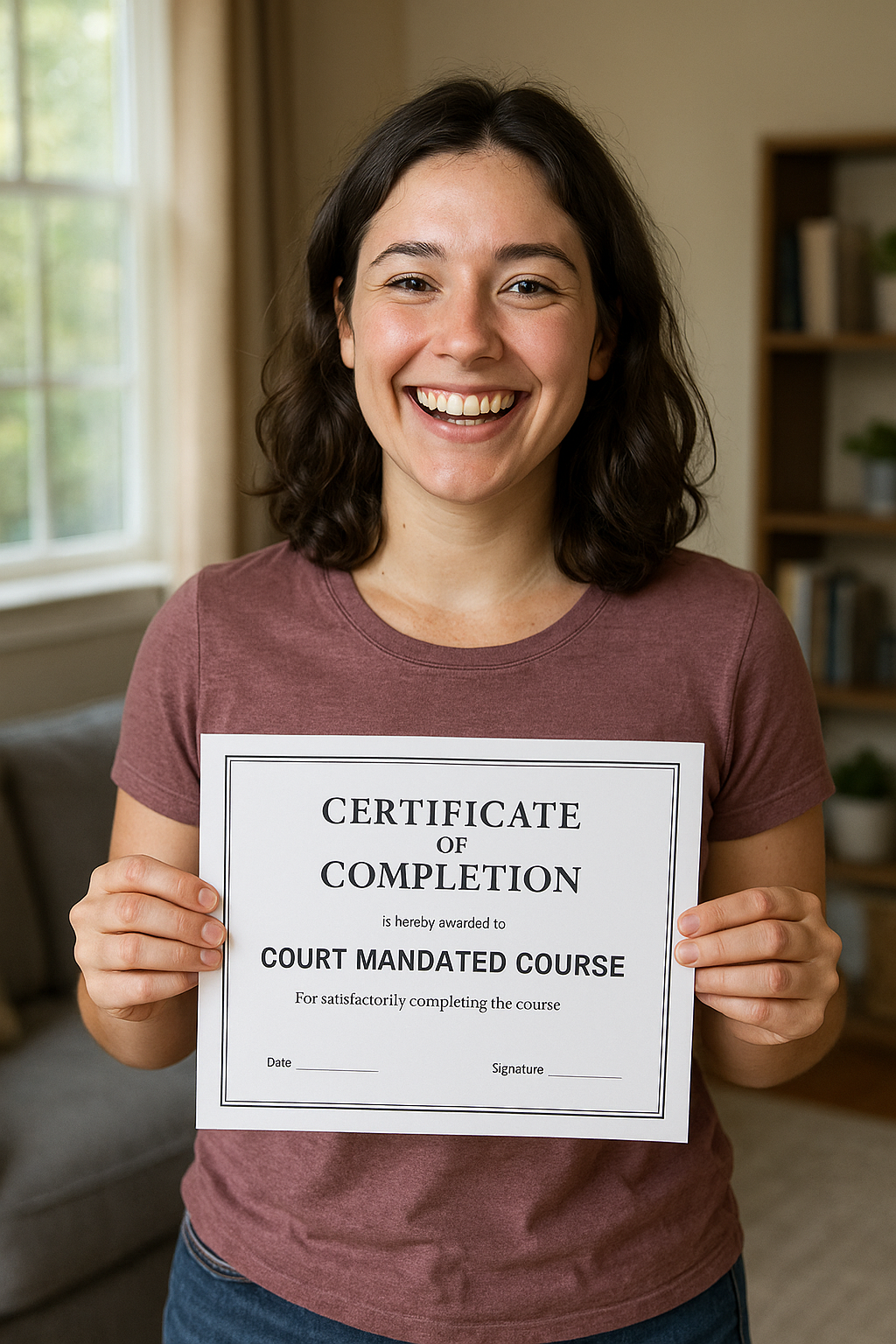 Young adult proudly holding court class certificate